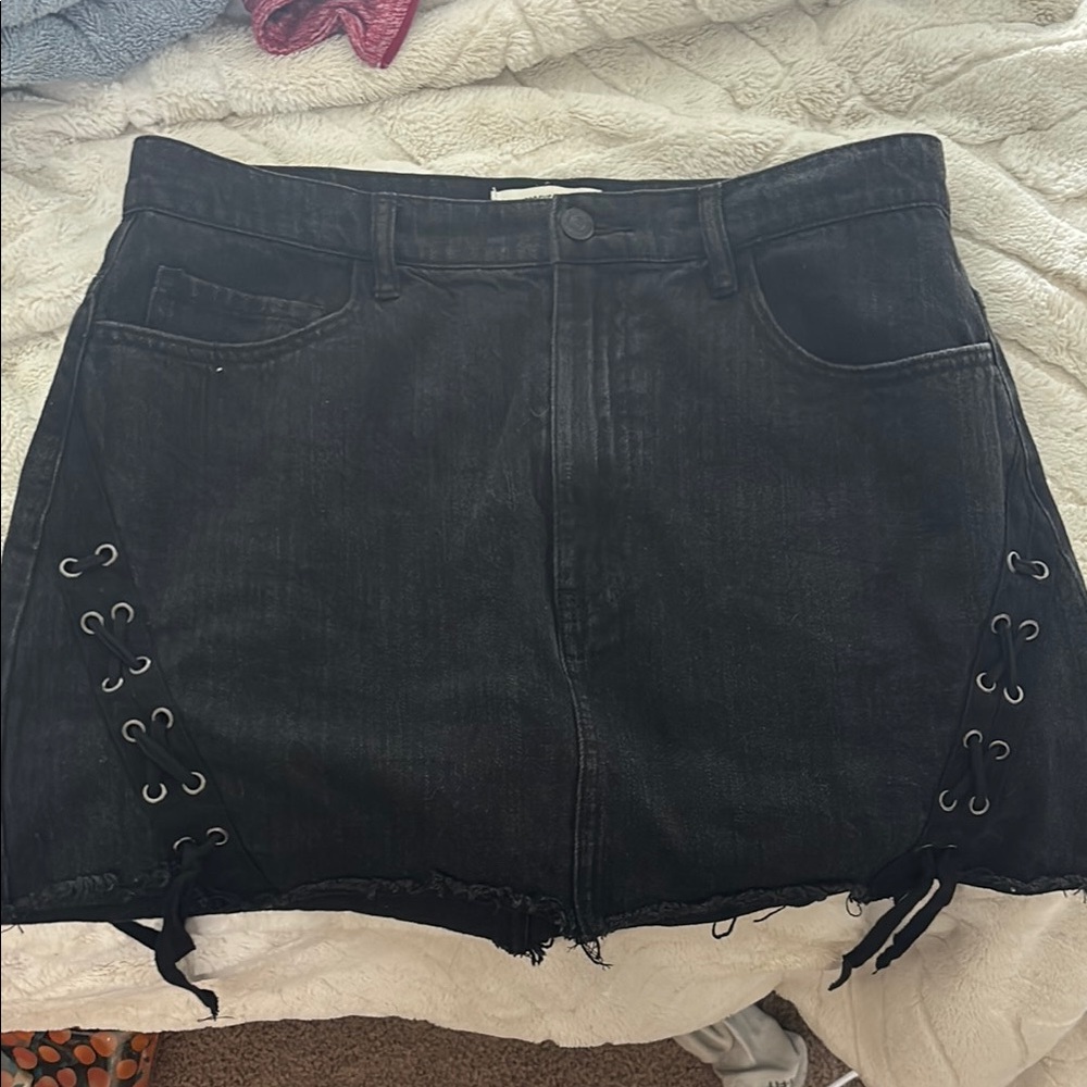 Black Denim Skirt with Lace-Up Sides